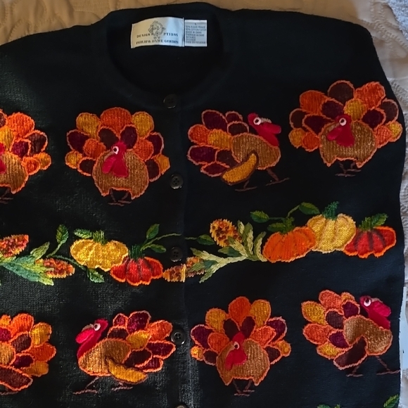 Holiday Black Turkey and Pumpkins Cardigan Sweater - Picture 1 of 10